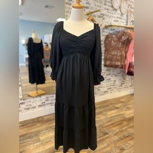 She & Sky Black Dress | Pockets | Smocked Bust & Back | 3/4 Sleeves Size Small